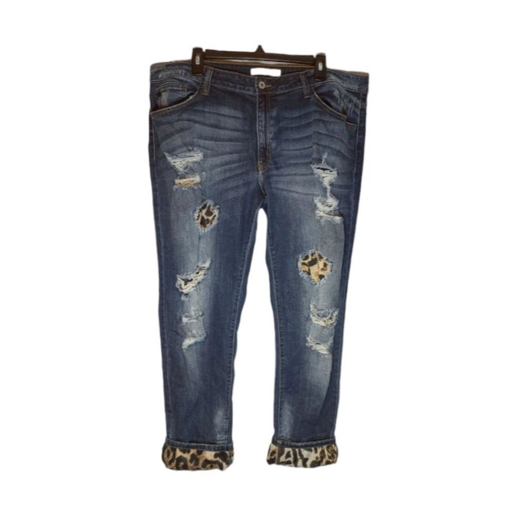 KanCan Jeans Womens Size 3XL Blue Denim Leopard Patch Cuff stretch